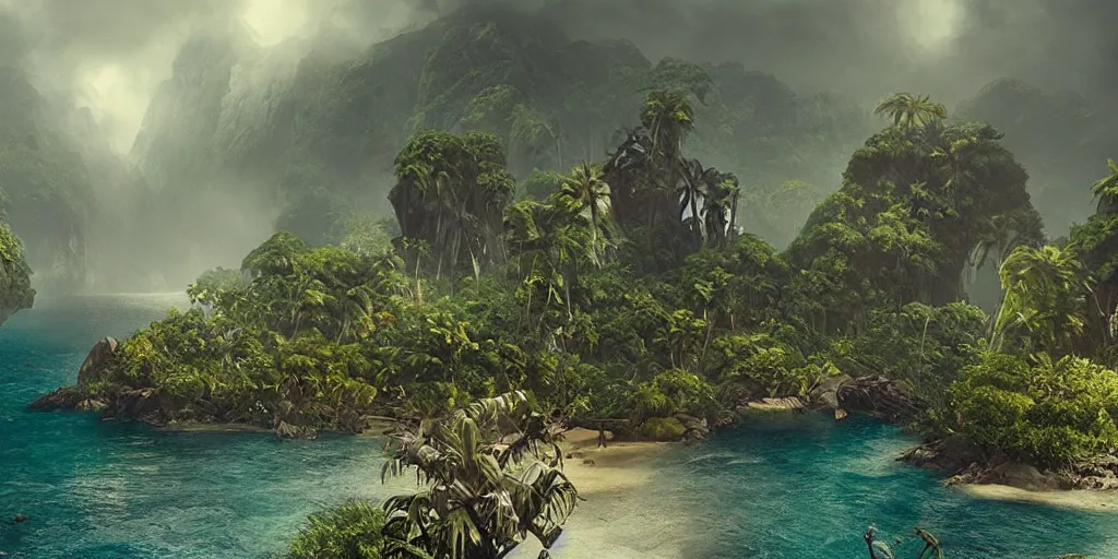 Prompt: screenshot from a dramatic pirate movie of ab epic matte painting of a misty jungle island on choppy seas, cinematic cinematography masterpiece, skull, greg rutkowski, and ivan aivazovski, roger deakins