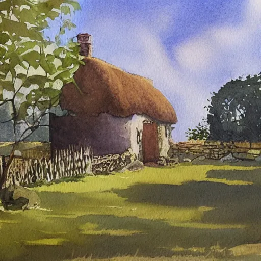 Prompt: a peaceful scene with old thatched cottage nestling amongst the trees, watercolor