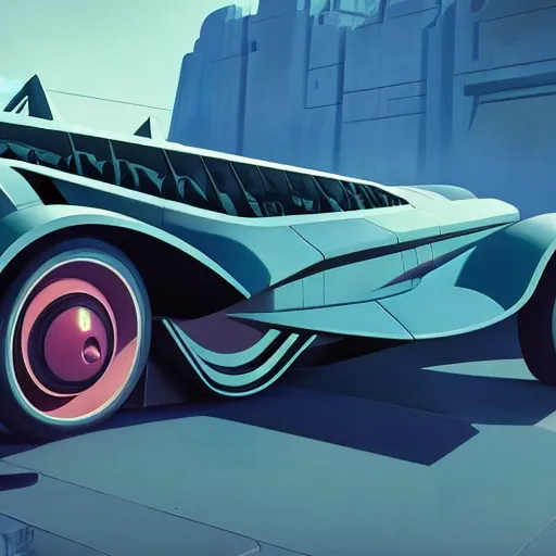 Prompt: concept art of an art deco batmobile. matte painting by beeple and rhads and peter mohrbach. cgsociety, car and driver magazine, artdeco, retrofuturism, sci - fi, artstation hq