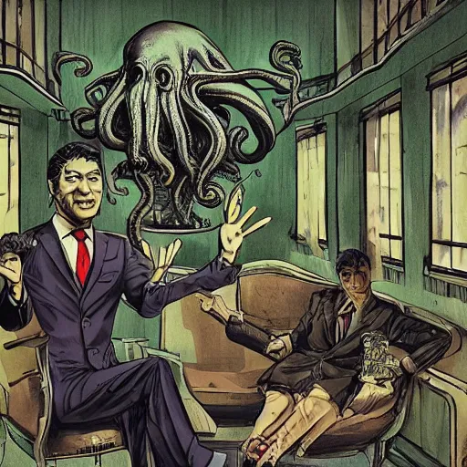 Prompt: Cthulhu as a modern day business man with a family and a drug and gambling addiction, Junji Ito and Greg rutkowski, psychedelic , 50s style infomercial , award winning , retro futuristic