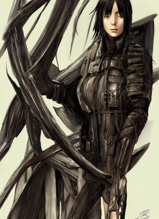 Image similar to Mikasa Ackerman, concept art, smooth matte, focused, illustration art style by Ian Spriggs and H R Giger