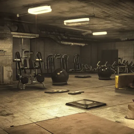 Prompt: fallout concept art gym interior render grim realistic lighting unreal engine 5