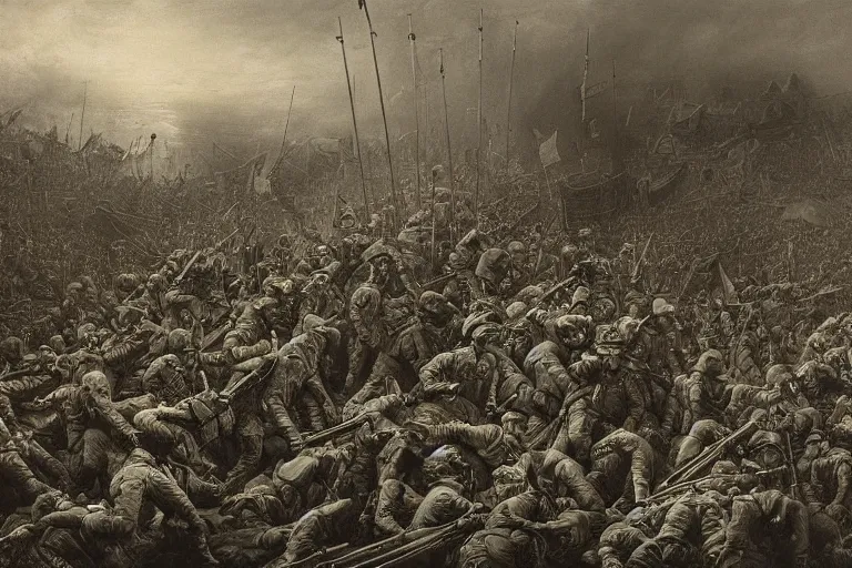 Image similar to highly detailed painting of world war 2, symmetrical, masterpiece, highly detailed painting by gustave dore