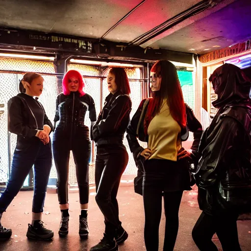 Image similar to photograph of a retro techwear coed group loitering near the bar of a packed busy rundown nightclub, retrofuturism, brutalism, cyberpunk, sigma 85mm f/1.4, 35mm, 4k, depth of field, high resolution, 4k, 8k, hd, highly detailed, tilted frame, long exposure, full color