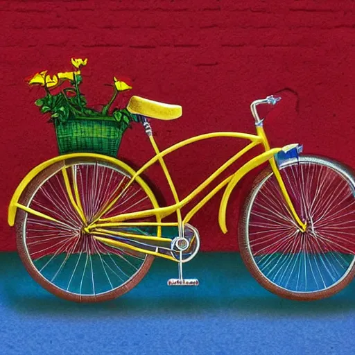 Prompt: a beautiful storybook painting of a vintage yellow Schwinn bicycle with a basket of red roses on the front propped up against a blue wall, anime style and Studio Ghibli, nostalgic heart-warming, trending on artstation hq