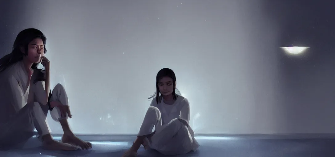 Image similar to Young Himalayan woman sitting concerned in an empty room with loneliness using psychic powers to make a lighter float| night time scene, plain walls |somber white eyes, long ashy hair | gentle lighting, futuristic, dim lighting, digital art by Makoto Shinkai ilya kuvshinov and Wojtek Fus, digital art, concept art,