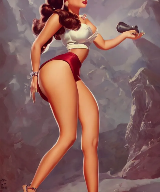 Image similar to epic full body portrait of Ariana Grande pinup style by Gil Elvgren, standing up, elegant, digital painting, trends on artstation, concept art