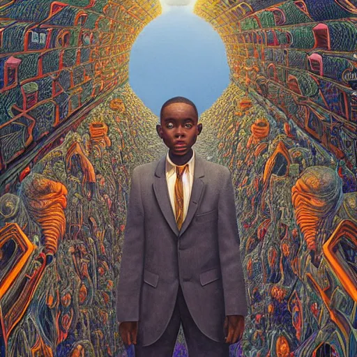 Image similar to a breathtaking 8 k resolution matte painting of a black boy lost inside a vast and endless four dimensional hall of mirrors, in a surreal psychedelic style, by m. c. escher and alex grey and android jones