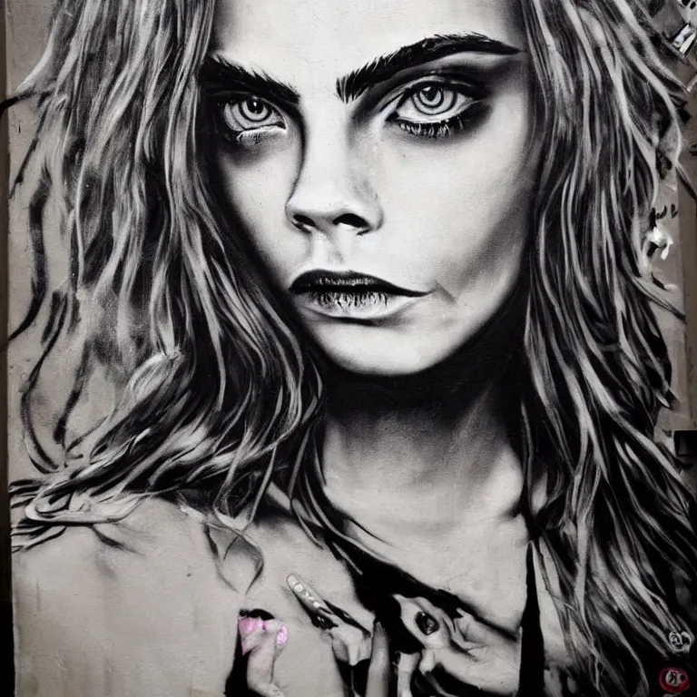 Image similar to Street-art portrait of Cara Delevingne in style of Banksy, photorealism