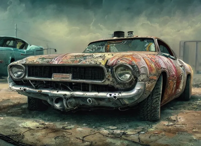 Image similar to realistically detailed concept art real pastel painting of a real gaspunk muscle car in full intricate detail, ultra detailed, realistic digital art, octane render, 4K, dystopian, micro details