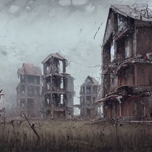 Image similar to painting of a abandoned post soviet town infested with humanoid root monsters by jakub rozalski