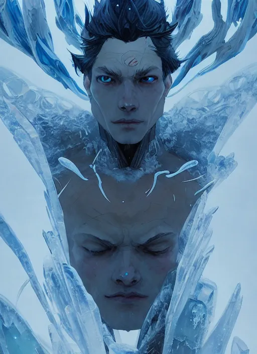 Image similar to character design by james jean, jakub rebelka, tran nguyen, yoann lossel, wadim kashin ( ( ( portrait of ice man from xmen ) ) ) emerging from a frozen temple, sharp edges. ultra clear detailed. 8 k. ultra detailed, majestic, intricate