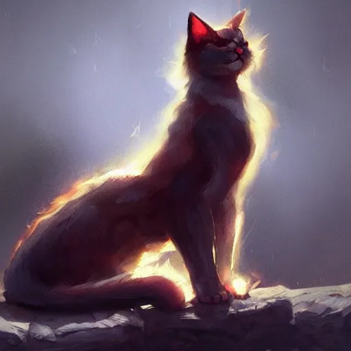 Prompt: Burning cat, greg rutkowski, trending on artstation.