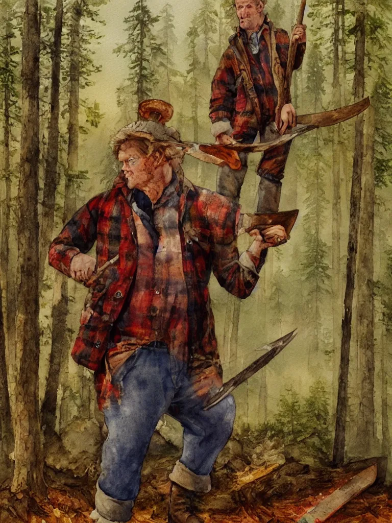 Prompt: a watercolor painting of a man wearing lumberjack clothes and holding a axe by william turner, forest in the background, warm colors, anatomically correct, five fingers, realistic and defined face, realistic, digital painting, masterpiece, watercolor, william turner, symmetrical, low contrast, warm