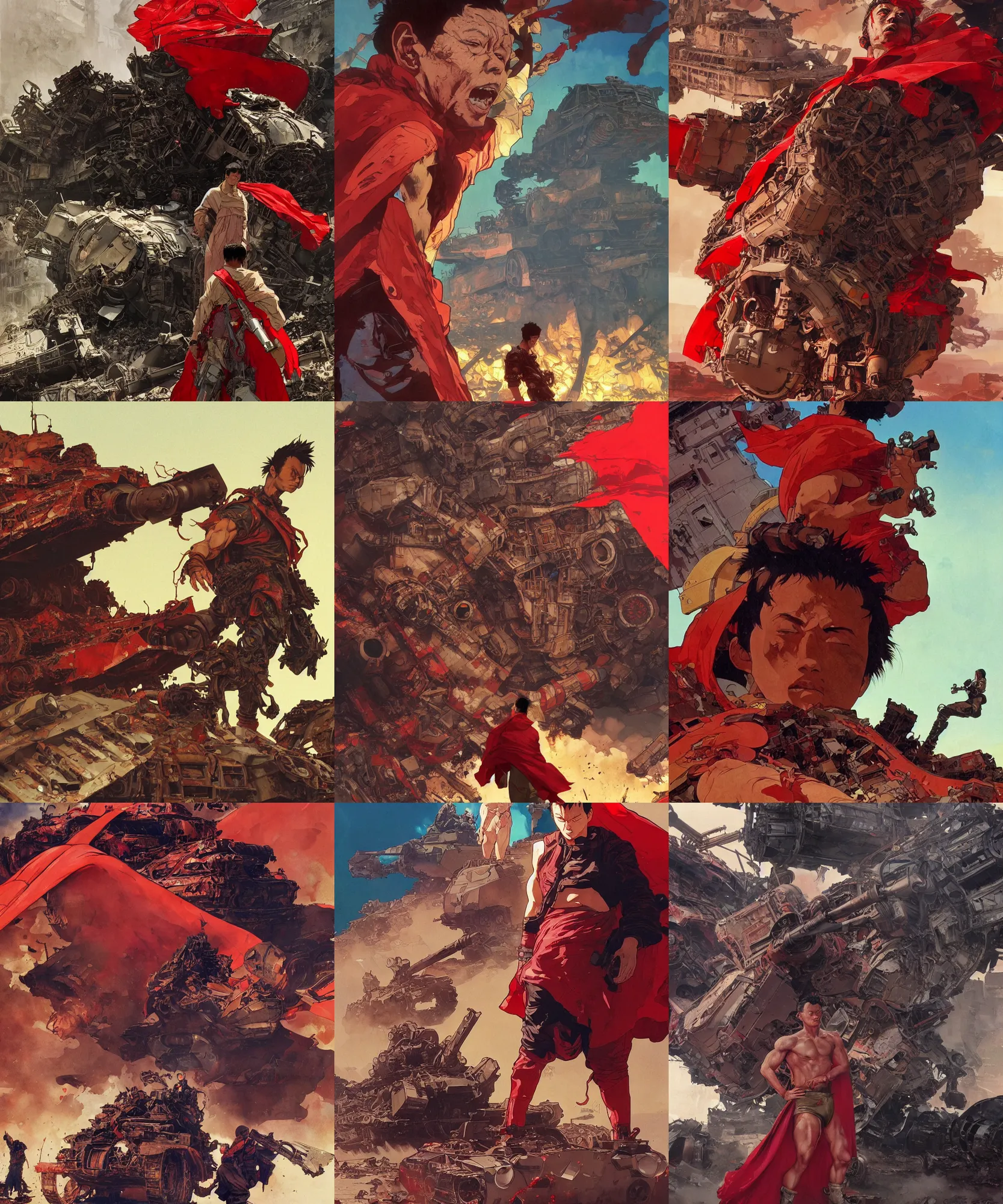 Prompt: a movie still of destroyed tanks and a close up of tetsuo with red cape from akira, vibrant colors and hard shadows and strong rim light, comic cover art, plain background, trending on artstation, in the style of katsuhiro otomo greg rutkowski alphonse mucha