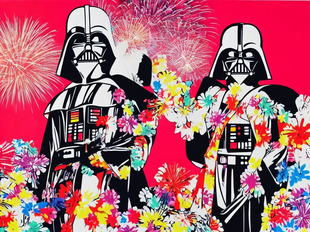 Image similar to hyperrealistic composition, in the middle a woman in a japanese kimono, behind her stands darth vader, in front of her a table from the casino, in the background is mount fuji and fireworks, pop - art style, jacky tsai style, andy warhol style, acrylic on canvas