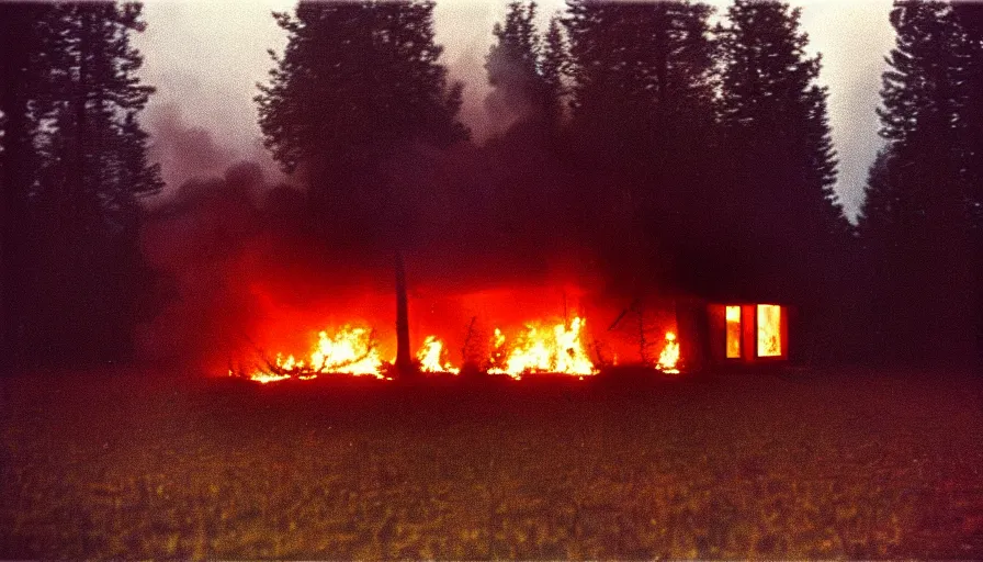 Prompt: 1 9 7 0 s movie still by andrei tarkovsky of a heavy burning french style little house in a small northern french village by night in autumn, pines forest, cinestill 8 0 0 t 3 5 mm, heavy grain, high quality, high detail, dramatic light, anamorphic, flares