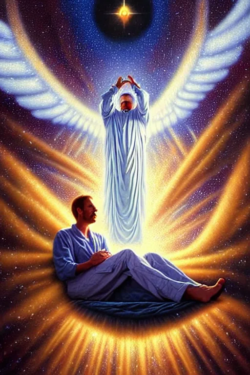 Prompt: a photorealistic detailed cinematic image of a man on his deathbed, gazing into infinity, life purpose, appreciation, assisted to the afterlife by iridescent angels. met by friends and family, overjoyed, emotional, compelling, by pinterest, david a. hardy, kinkade, lisa frank, wpa, public works mural, socialist