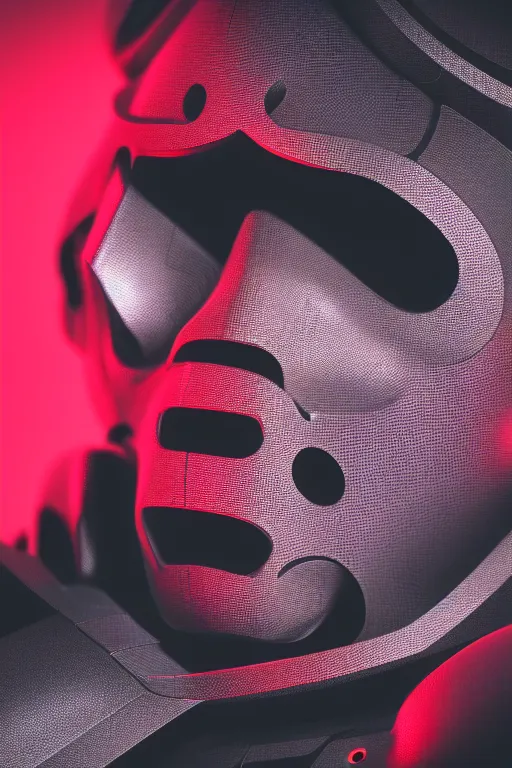 Image similar to closeup shot of a carbon black cyborg, macro shot, dof, cinematic, volumetric lighting, studio shot, red light, 4 k