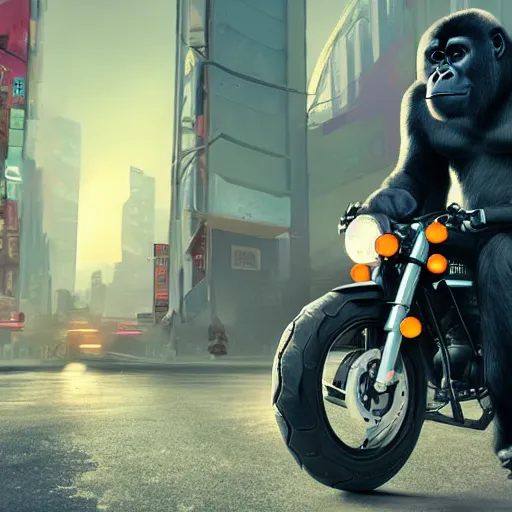 Image similar to a gorilla is riding a motor cycle in a cyberpunk city
