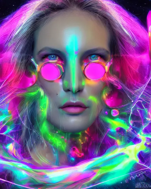 Image similar to a powerful energy psychedelic woman, by alexander fedosav, hyper detailed digital matte painting, concept art, hyperrealism, 1 6 k resolution, cinema 4 d, 8 k resolution, trending on artstation, behance hd, a masterpiece, by stephan martiniere, particles, cel - shaded, power bright neon energy, by david a. hardy,