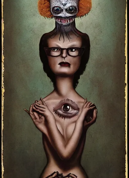 Prompt: surreal portrait of a creature with the body of a 1950's school-girl and whose head is a tarantula, inspired by Mark Ryden and Marion Peck, hints of Cronenberg