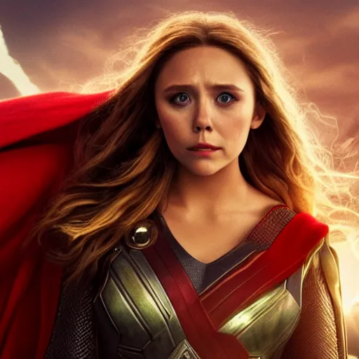 Prompt: Photorealistic art of Elizabeth Olsen as Mighty Thor, full body, action shot, high definition, cinematic, realistic