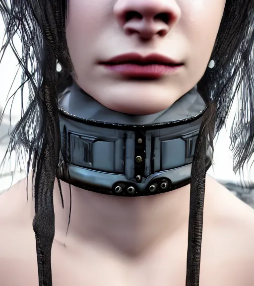 Image similar to detailed realistic female character cyberpunk wearing thick steel collar around neck, realistic, art, beautiful, 4K, collar, choker, collar around neck, punk, artstation, detailed, female, woman, choker, cyberpunk, neon, punk, collar, choker, collar around neck, thick collar, tight around neck, punk, leather collar, cyberpunk,