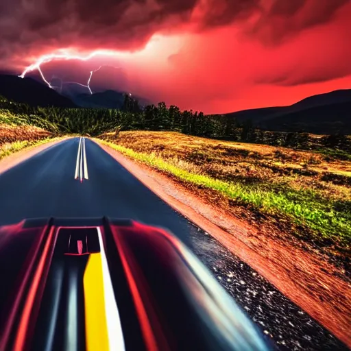 Image similar to nightmarish creatures rushing towards car, black pontiac firebird trans - am driving towards the camera, norway mountains, red glow in sky, valley, large lake, dynamic, cinematic, motionblur, volumetric lighting, wide shot, low angle, large lightning storm, thunder storm