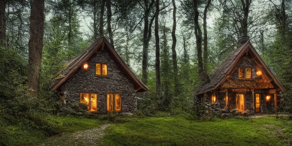 Prompt: a cottage in the woods, fantasy, hyper realistic, dramatic lighting, wide angle lens, 8k