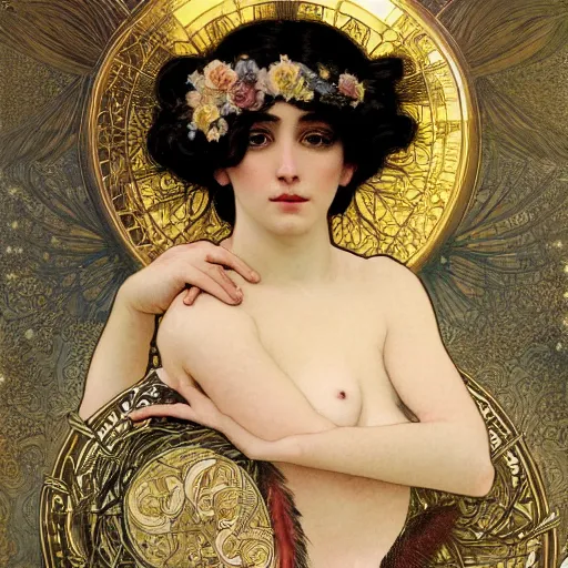 Image similar to highly detailed portrait of a beautiful cute girl with feathers, endless black hair, with pale skin, fibonacci, fragile, sitted on an intricate stone throne by alphonse mucha, nicola samuri, dino valls, m. w. kaluta, rule of thirds, seductive look, 4 k resolution