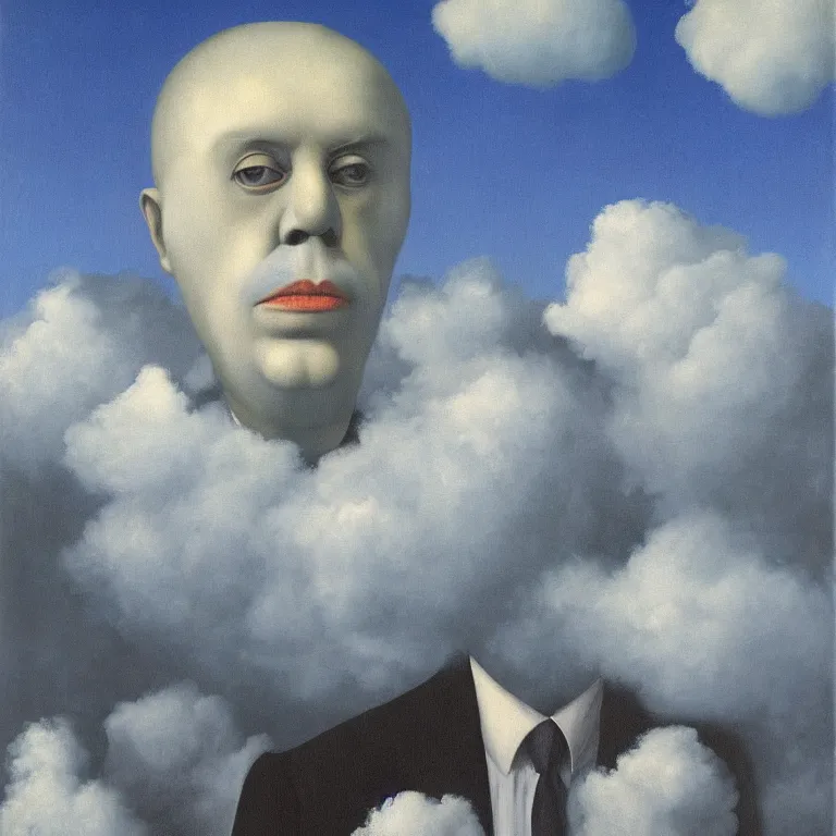 Image similar to portrait of a scary creepy ghost, clouds in the background, by rene magritte, detailed painting, distance, middle centered, hd, hq, high resolution, high detail, 4 k, 8 k