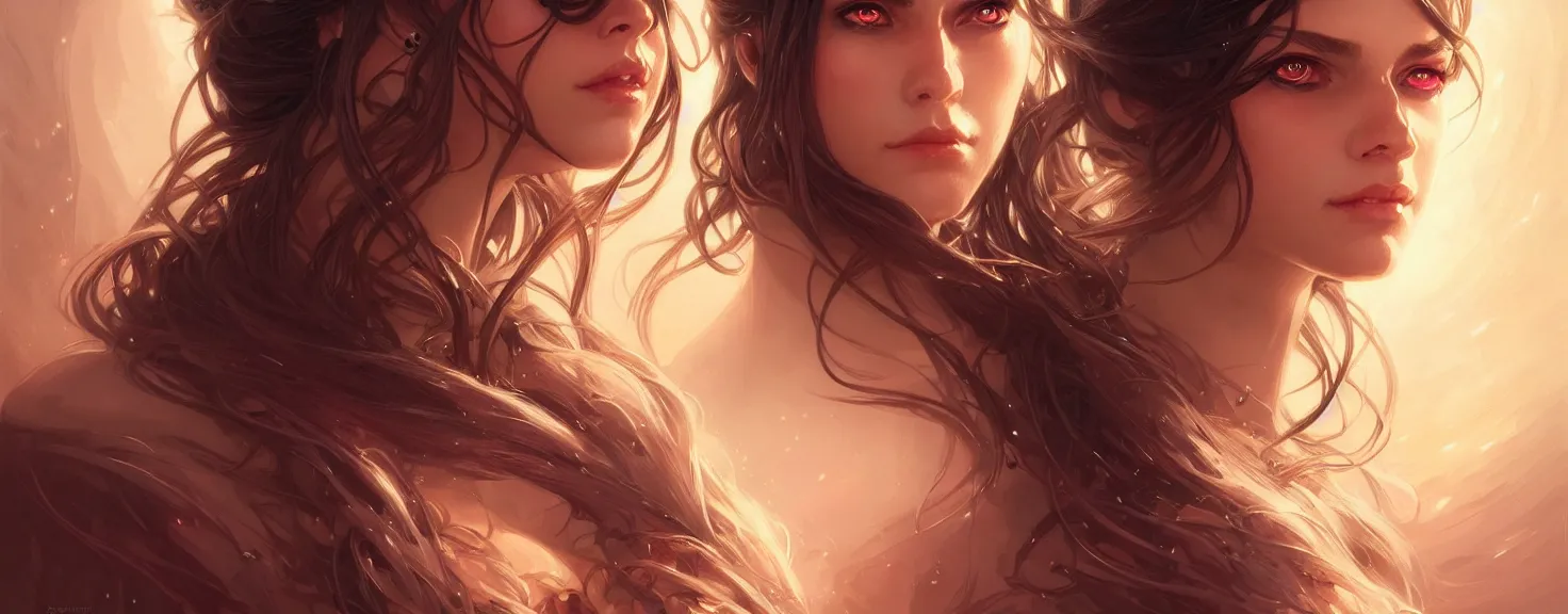 Image similar to fantasy magic woman portrait, sci-fi, amber eyes, face, long hair, fantasy, intricate, elegant, highly detailed, digital painting, artstation, concept art, smooth, sharp focus, illustration, art by artgerm and greg rutkowski and alphonse mucha