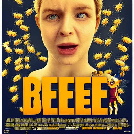 Image similar to movie poster of a bee addict who is addicted to being stung by bees