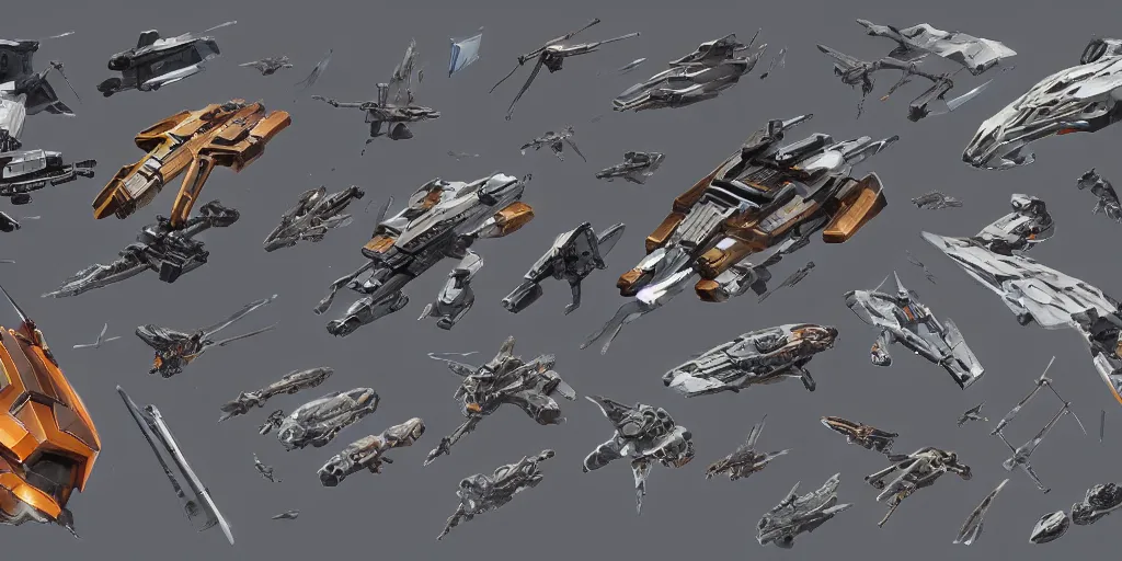 Image similar to Futuristic sci-fi props and gadget, hard surface, collection ,kitbash, parts, Shape and form, in watercolor gouache detailed paintings , hull, elite dangerous, star citizen , modular, pieces , golden ratio, mobius