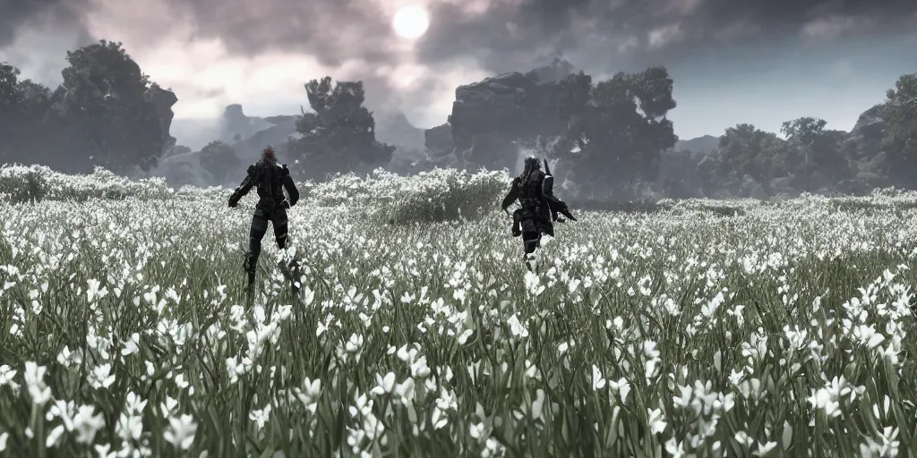 Image similar to Snake from metal gear solid standing in a field of white flowers, unreal engine 5, hyperdetailed, cinematic