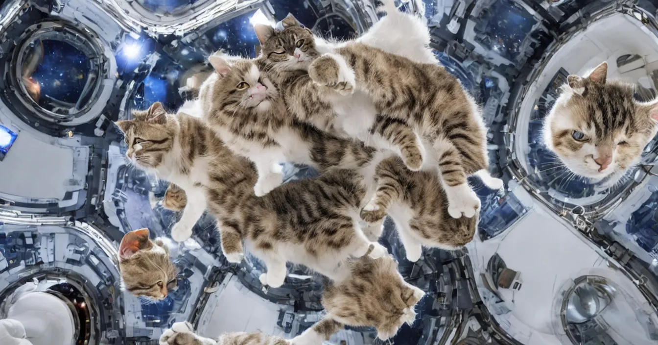 Image similar to Photo of cats floating inside the International Space Station in zero gravity, highly-detailed 4K award-winning cinematic, wide angle