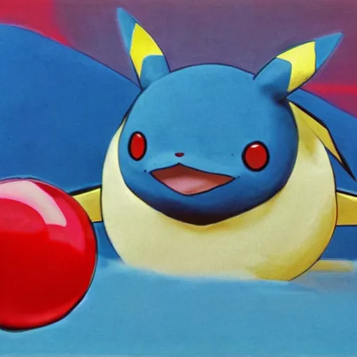 Image similar to A cute pokemon that resembles a blue bill wearing a puffy red coat by James Rosenquist