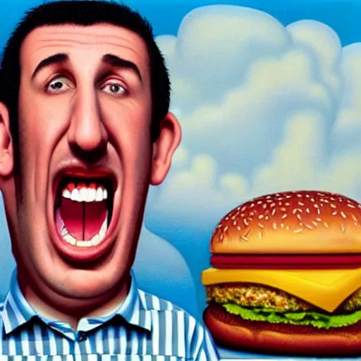 Prompt: adam sandler screaming at a giant hamburger, lowbrow painting by mark ryden