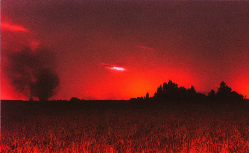 Image similar to burning field, dark, night, red light in the sky, smoke, 1998 photo