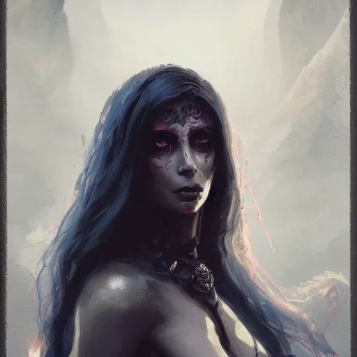 Image similar to a beautiful portrait of death goddess by Greg Rutkowski and Raymond Swanland, ominous background, Trending on Artstation