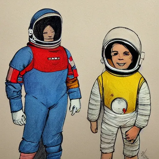 Image similar to Sergio Bleda and Jérémy Petiqueux and Alex Maleev color sketch of a boy super scientist in a retro home made astronaut suit