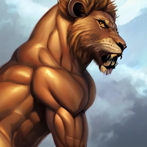 Image similar to Muscular fully clothed gay anthro lion furry Character design by charlie bowater, ross tran, artgerm, and makoto shinkai, detailed, inked, western comic book art, 2021 award winning painting