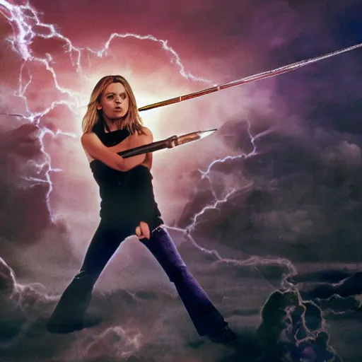 Prompt: a detailed picture of Buffy the Vampire slayer fighting God, 4k