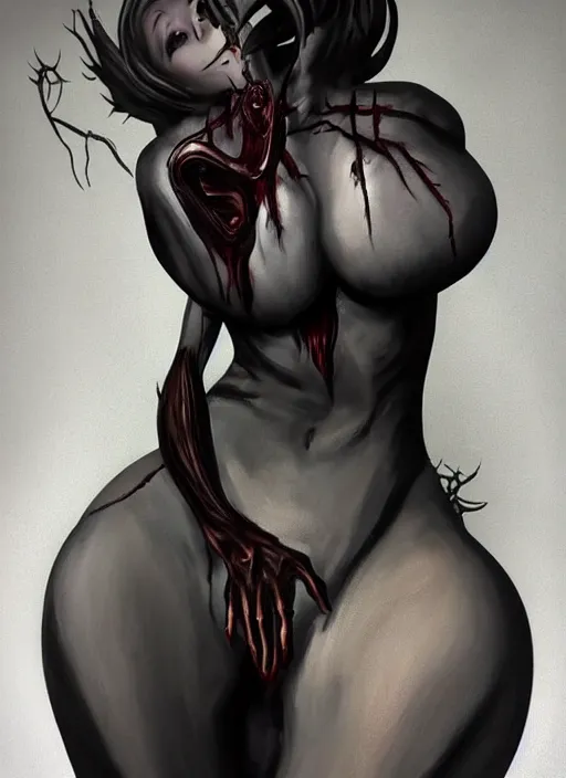 Image similar to dark full body painting of mercy from overwatch, in style of zdzisław beksinski, scary, horror, 4 k, feminine facial features, overwatch mercy character, horror, body horror, disturbing, detailed face, dressed in dark garment, black tendrils, tall,