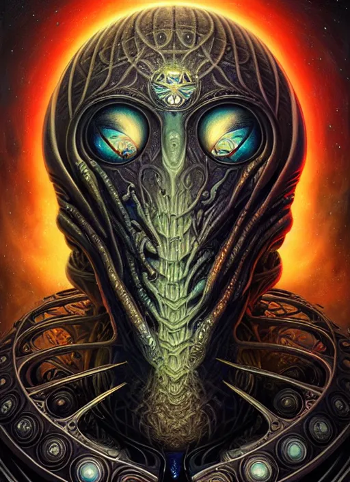 Prompt: cosmic lovecraft giger fractal random hero portrait, pixar style, by tristan eaton stanley artgerm and tom bagshaw.