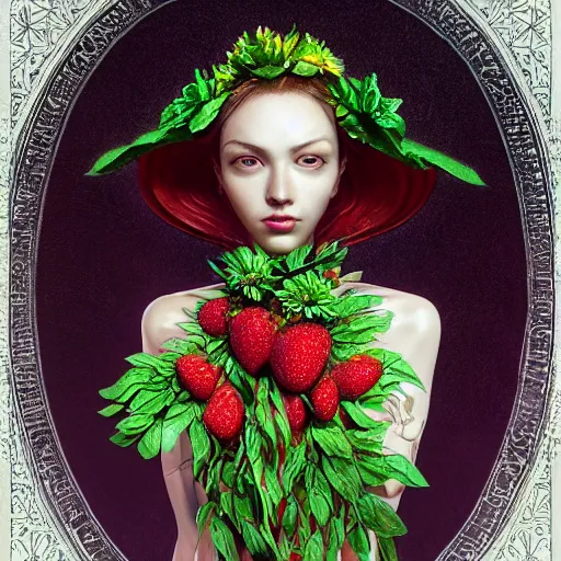 Image similar to the portrait of an absurdly beautiful, graceful, elegant, sophisticated woman made of strawberries and green petals looking up, an ultrafine hyperdetailed illustration by kim jung gi, irakli nadar, intricate linework, bright colors, octopath traveler, final fantasy, unreal engine 5 highly rendered, global illumination, radiant light, detailed and intricate environment