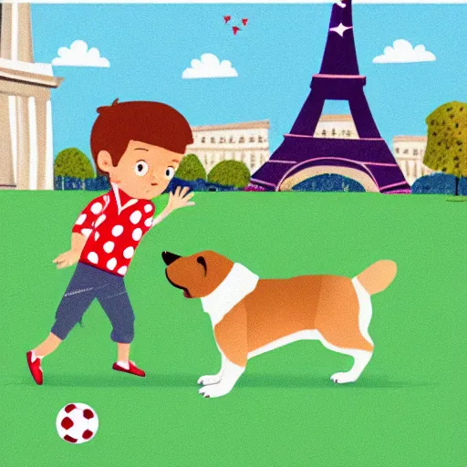 Prompt: illustration of french boy in paris playing football against a corgi, the dog is wearing a polka dot scarf