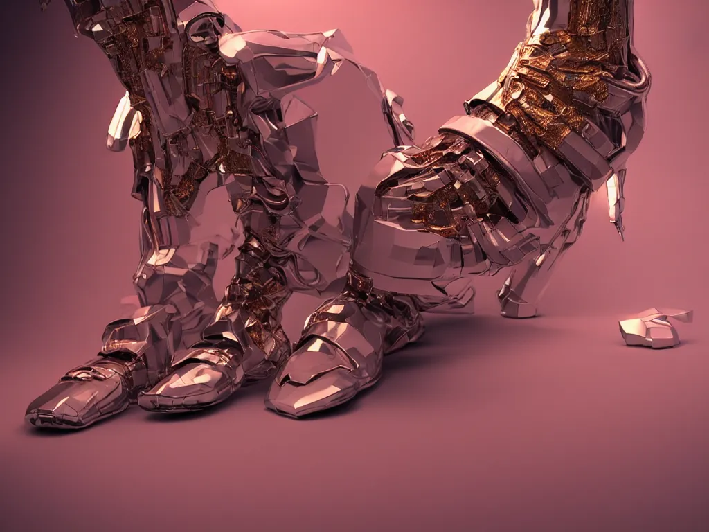 Prompt: realistic 3 d render of a sculpture of a cyberpunk android foot wearing sneakers, beautiful studio lighting, soft, sharp focus, neon cyberpunk highlights, intricate detail, gold and red accents, soft rubber, octane render, side view, trending on artstation, deviantart, art by syd mead and issey miyake