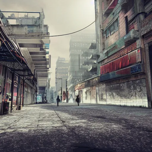Image similar to the streets of a dystopian city, highly detailed 3D render